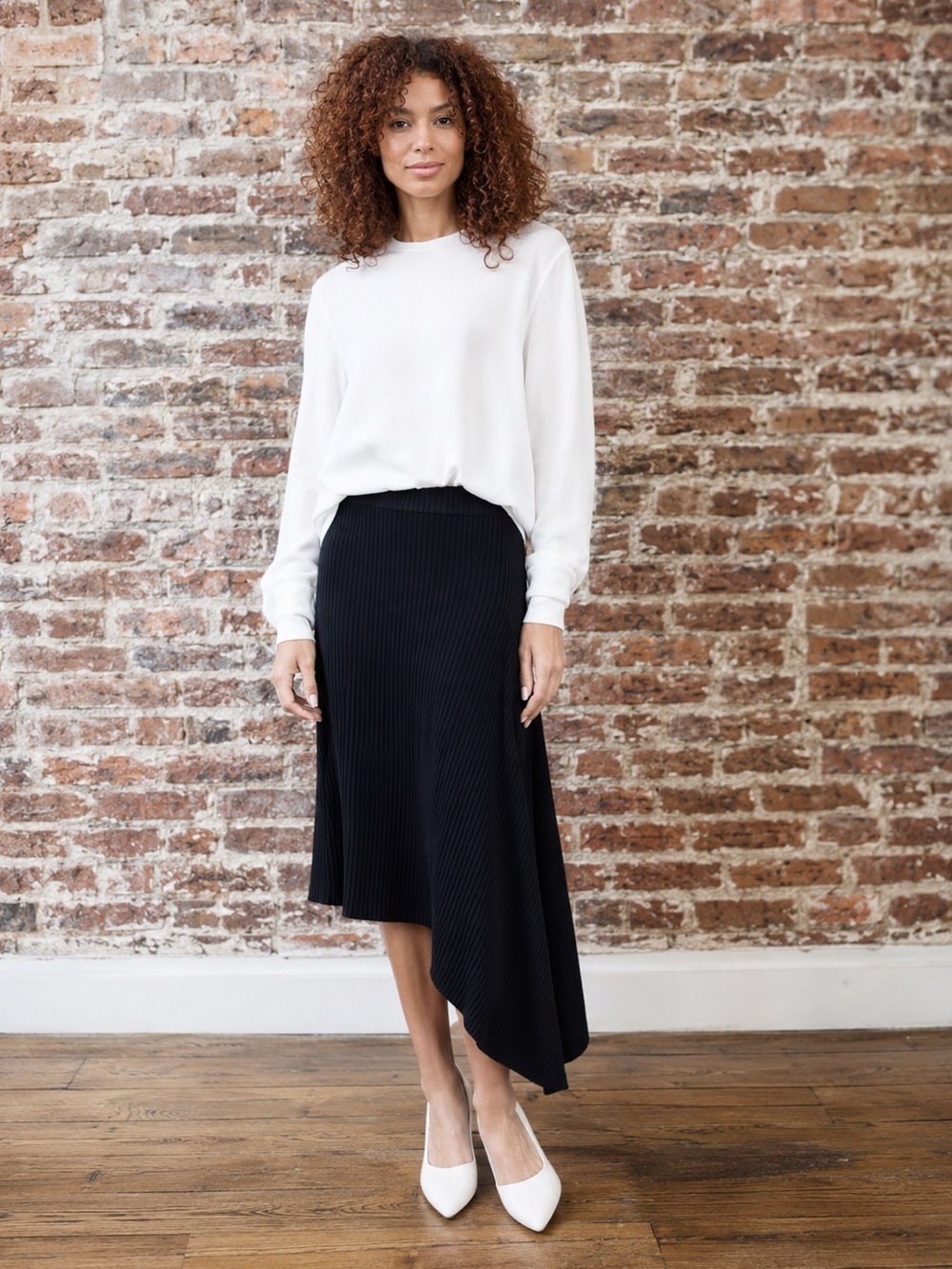 Mimu Maxi | Ribbed Cascade Black Asymmetrical Midi Skirt - Women's Size XS